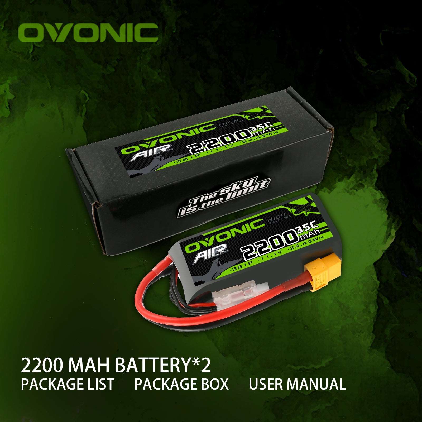[2 Packs] OVONIC 3S 35C 11.1V 2200mAh Short LiPo Battery Pack With XT60 Plug For Airplane Helicopter - Ampow