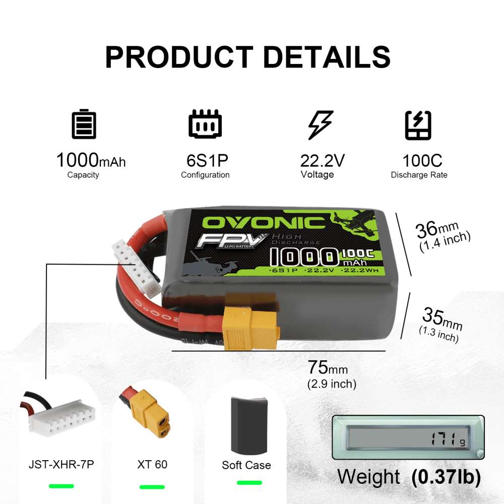 OVONIC 22.2V 100C 6S 1000mAh LiPo Battery Pack with XT60 Plug for FPV drone