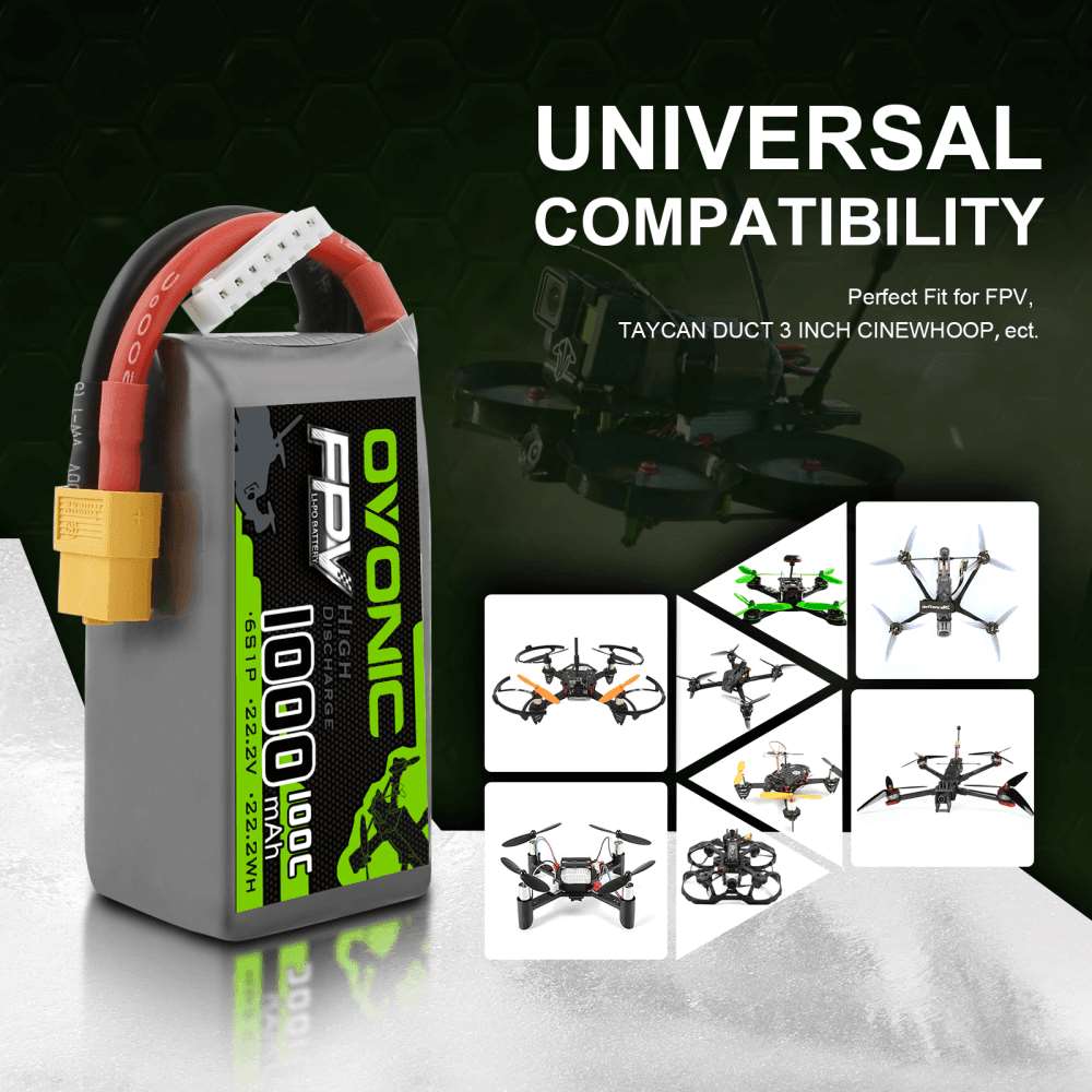 OVONIC 22.2V 100C 6S 1000mAh LiPo Battery Pack with XT60 Plug for FPV UAV