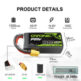 OVONIC 4S 1300mAh LiPo Battery 100C 14.8V Pack for FPV racing