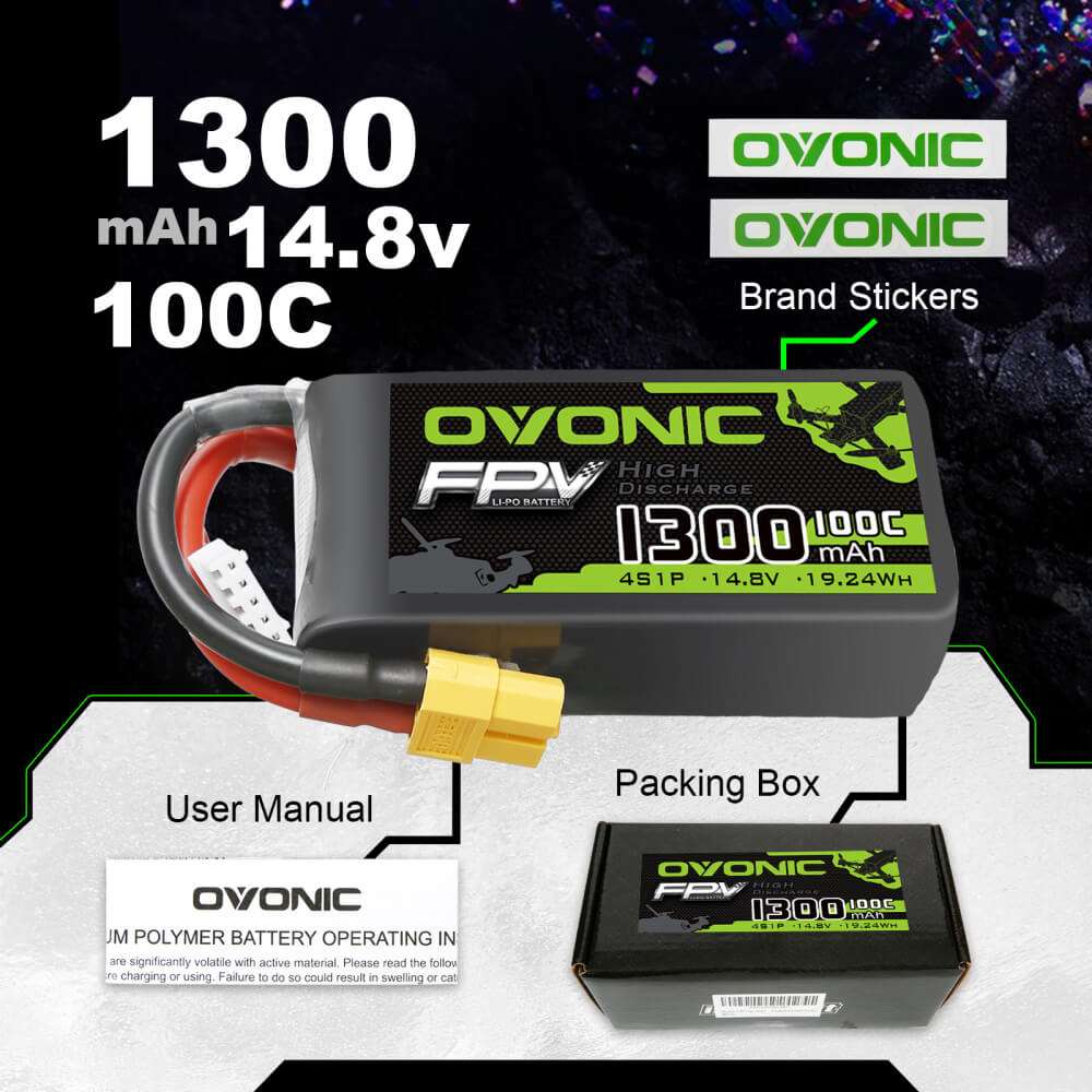 OVONIC 4S 1300mAh LiPo Battery 100C 14.8V Pack with XT60 Plug for drone