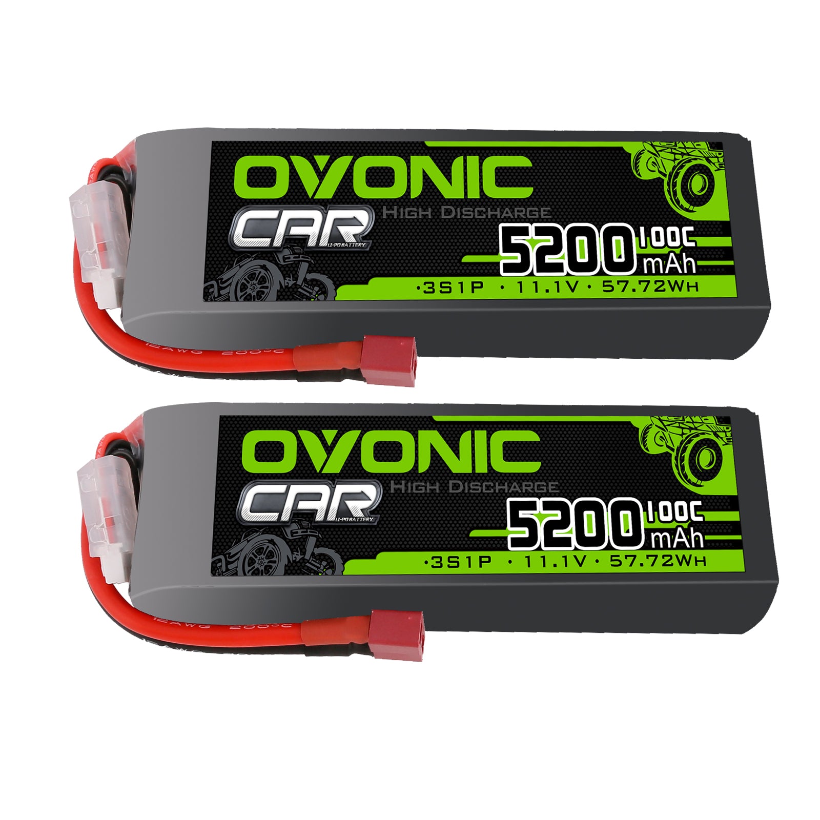 2x Ovonic 100C 3S1P 5200mAh 11.1V LiPo Battery for RC Car - Deans Plug