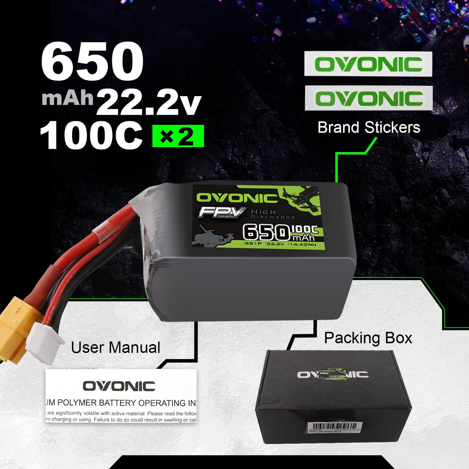 2x Ovonic 100C 6S 650mah Lipo Battery 22.2V Pack with XT30 Plug for fpv racing