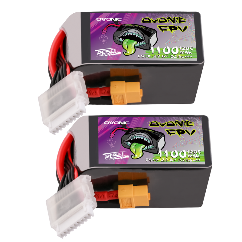 2×Ovonic Rebel 2.0 120C 8S 1100mah Lipo Battery 29.6V Pack with XT60 Plug for 8S FPV Racing Drone