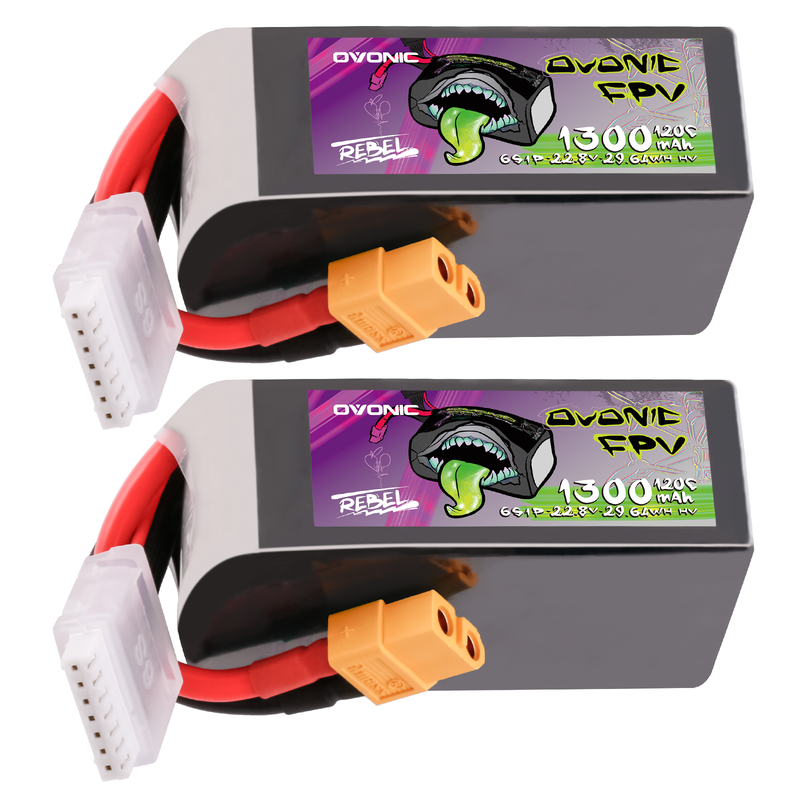 2×Ovonic Rebel 2.0 120C 6S 1300mAh Lipo Battery LiHV 22.8V Pack with XT60 Plug for 5 to 6 inch FPV Drone