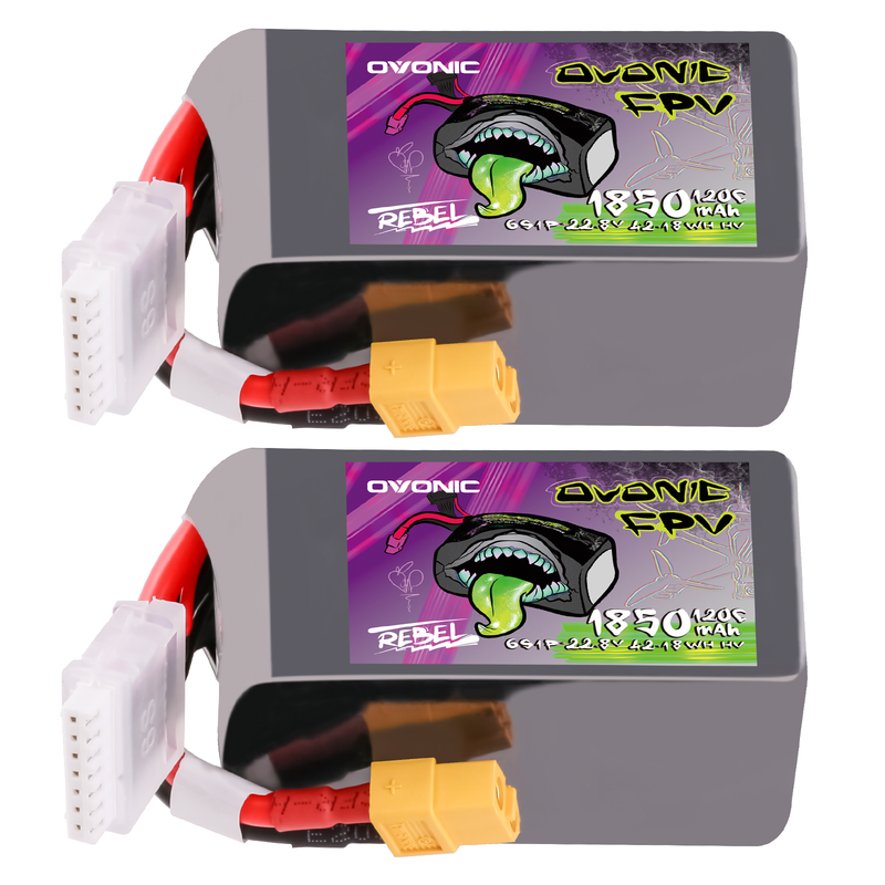 2×Ovonic Rebel 2.0 120C 6S 1850mah Lipo Battery LiHV 22.8V Pack with XT60 Plug for 5 to 6 inch FPV Drone