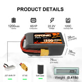 Ovonic 120C 22.2V 6S 1200mAh LiPo Battery with XT60 Plug for FPV freestyle