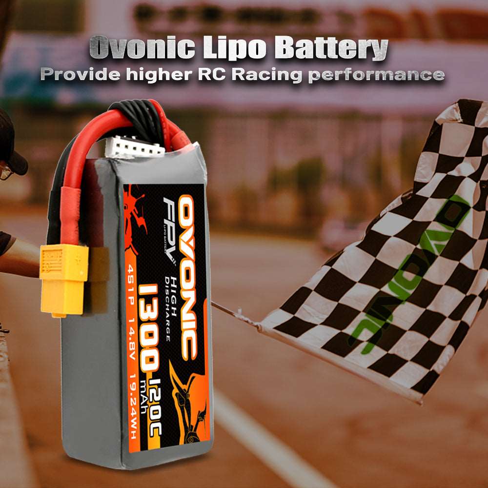 [4 Packs] Ovonic1300mAh 4S 120C 14.8V LiPo Battery Pack for FPV Racing - XT60 Plug - Ampow