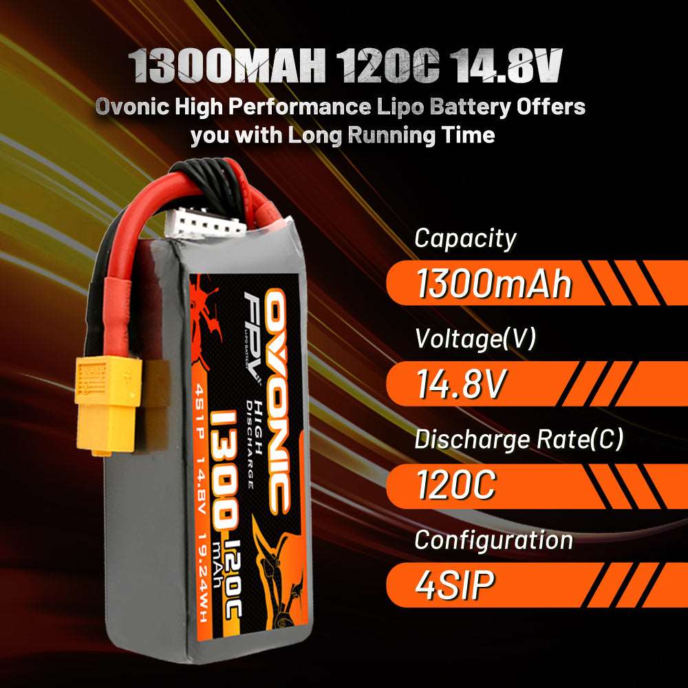 [4 Packs] Ovonic 1300mAh 4S 120C 14.8V LiPo Battery Pack for FPV Racing - XT60 Plug - Ampow