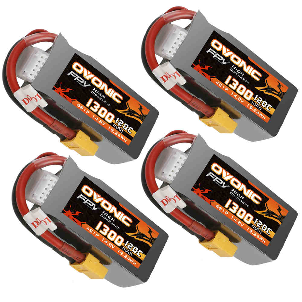 [4 Packs] Ovonic 4S 1300mAh 120C 14.8V LiPo Battery Pack for FPV Racing - XT60 Plug - Ampow