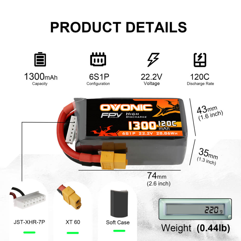 Ovonic 120C 6S 1300mAh 22.2V LiPo Battery Pack with XT60 Plug for FPV freetyle