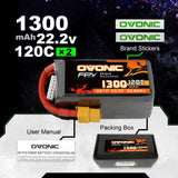2×Ovonic 120C 6S 1300mAh 22.2V LiPo Battery Pack for FPV Racing - XT60 Plug - Ampow