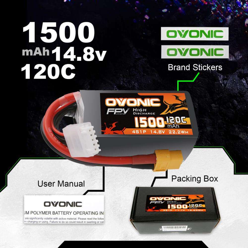 2x Ovonic 120C 4S1P 1500mAh 14.8V LiPo Battery for FPV - XT60 Plug - Ampow