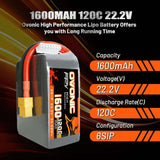 [2 Packs] Ovonic 120C 22.2V 6S 1600mAh LiPo Battery for FPV Racing with XT60 Plug - Ampow
