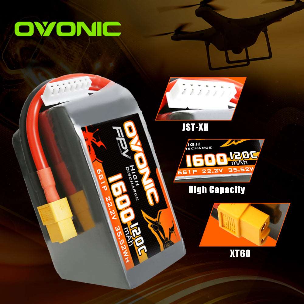 Ovonic 120C 22.2V 6S 1600mAh LiPo Battery for FPV Racing with XT60 Plug - Ampow