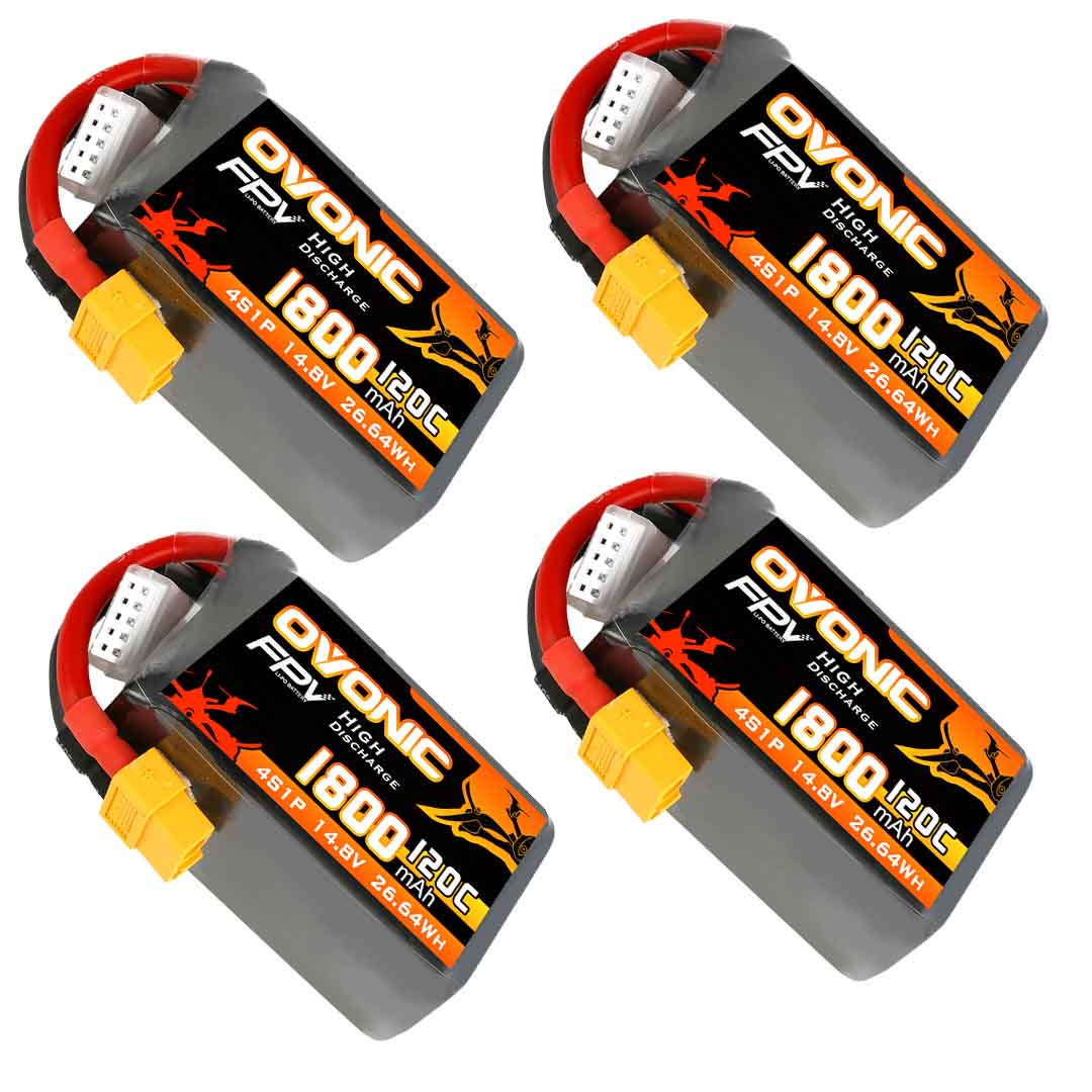 [4 Packs] Ovonic 120C 4S 1800mAh 14.8V LiPo Battery Pack for FPV Racing - XT60 Plug - Ampow
