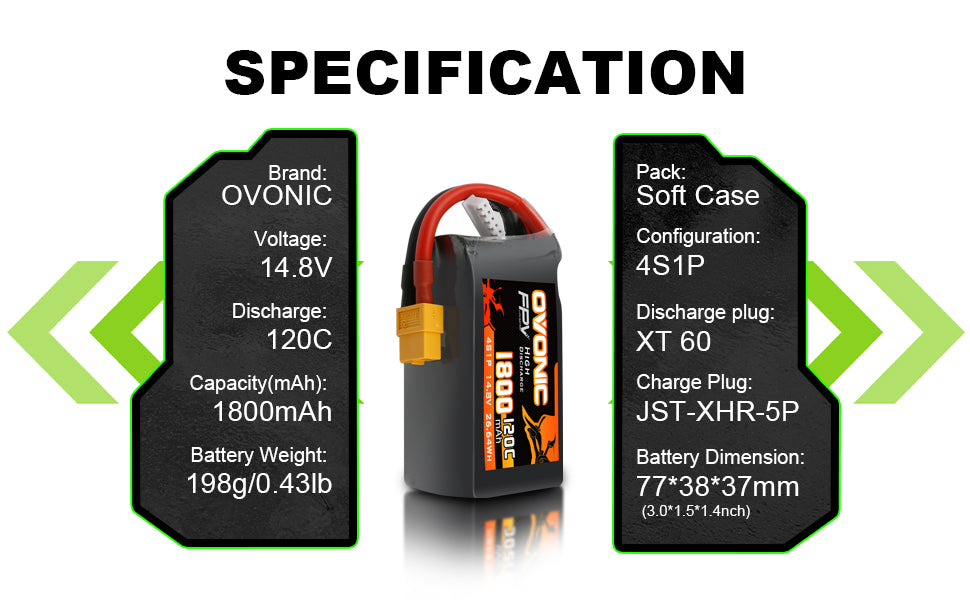 Ovonic 120C 4S 1800mAh 14.8V LiPo Battery Pack for FPV Racing with XT60 Plug - Ampow