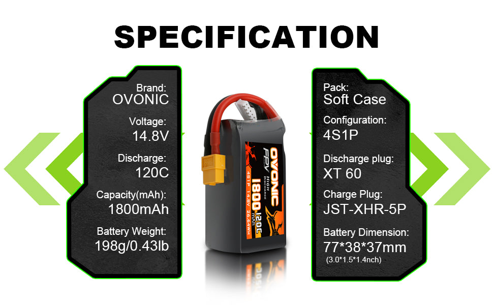 Ovonic 120C 4S 1800mAh 14.8V LiPo Battery Pack for FPV Racing with XT60 Plug