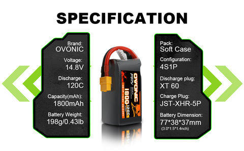Ovonic 120C 4S 1800mAh 14.8V LiPo Battery Pack for FPV Racing with XT60 Plug - Ampow