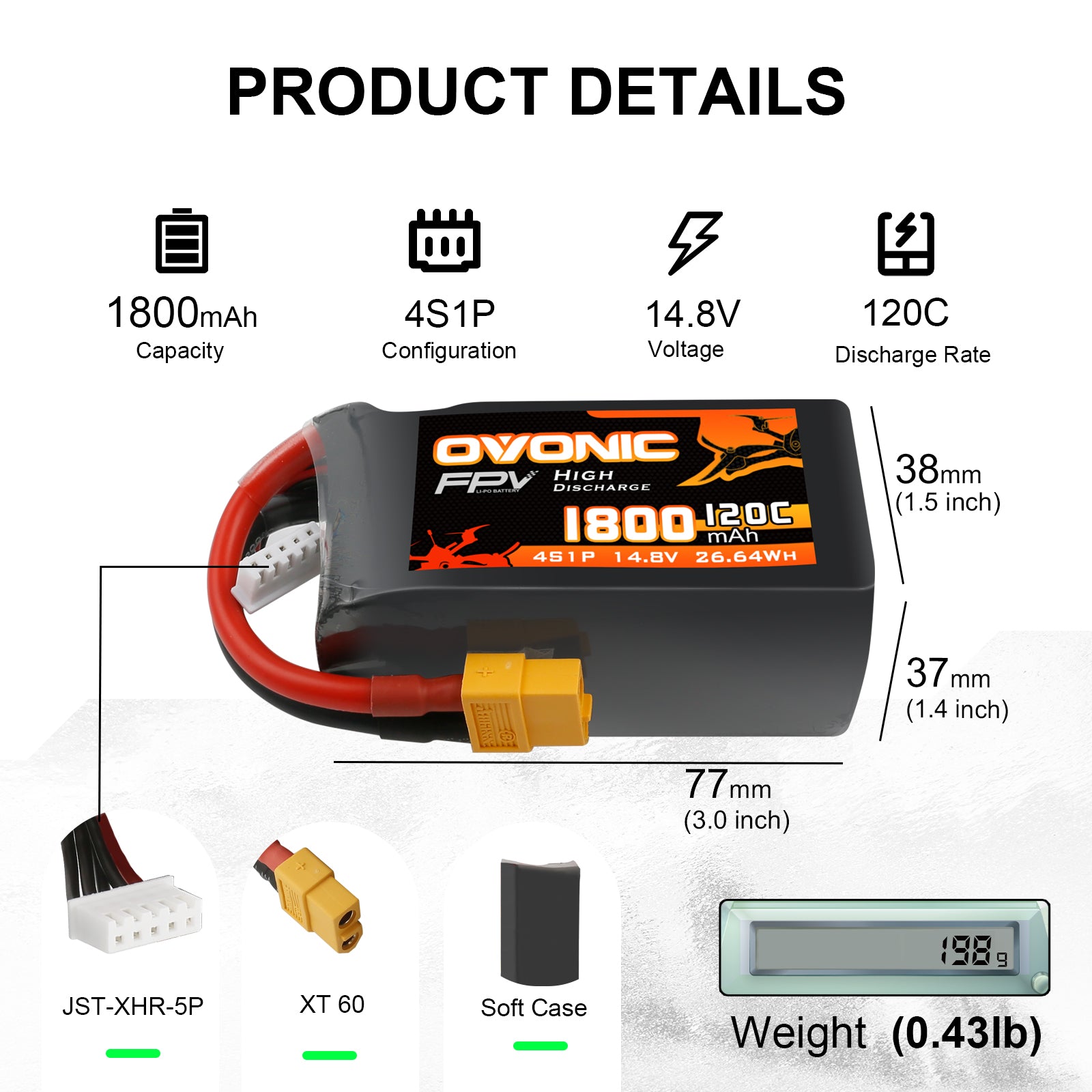Ovonic 120C 4S 1800mAh 14.8V LiPo Battery Pack for FPV Racing with XT60 Plug - Ampow