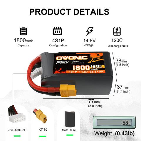 Ovonic 120C 4S 1800mAh 14.8V LiPo Battery Pack for FPV Racing with XT60 Plug - Ampow