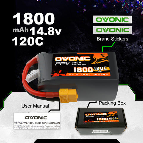 Ovonic 120C 4S 1800mAh 14.8V LiPo Battery Pack for FPV Racing with XT60 Plug for 5-6 inch Racing Drones Freestyle Long-Range FPV