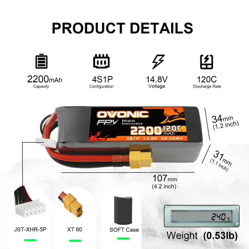 Ovonic 120C 4S 2200mAh 14.8V LiPo Battery Pack for drone