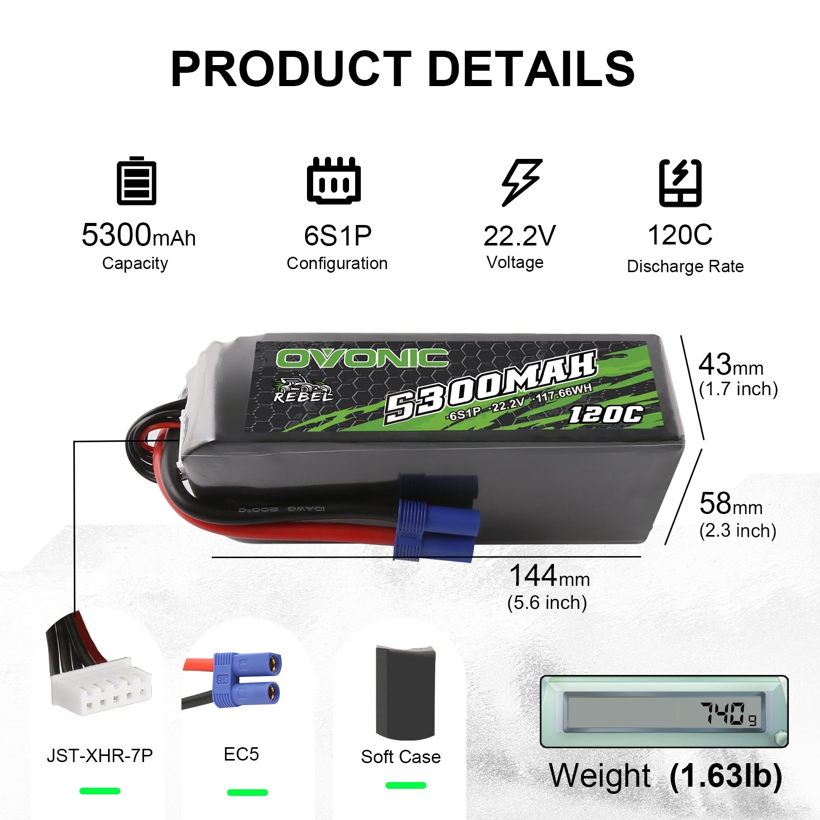 Ovonic Rebel 120C 6S 5300mAh 22.2V LiPo Battery with EC5 Plug for TRA car