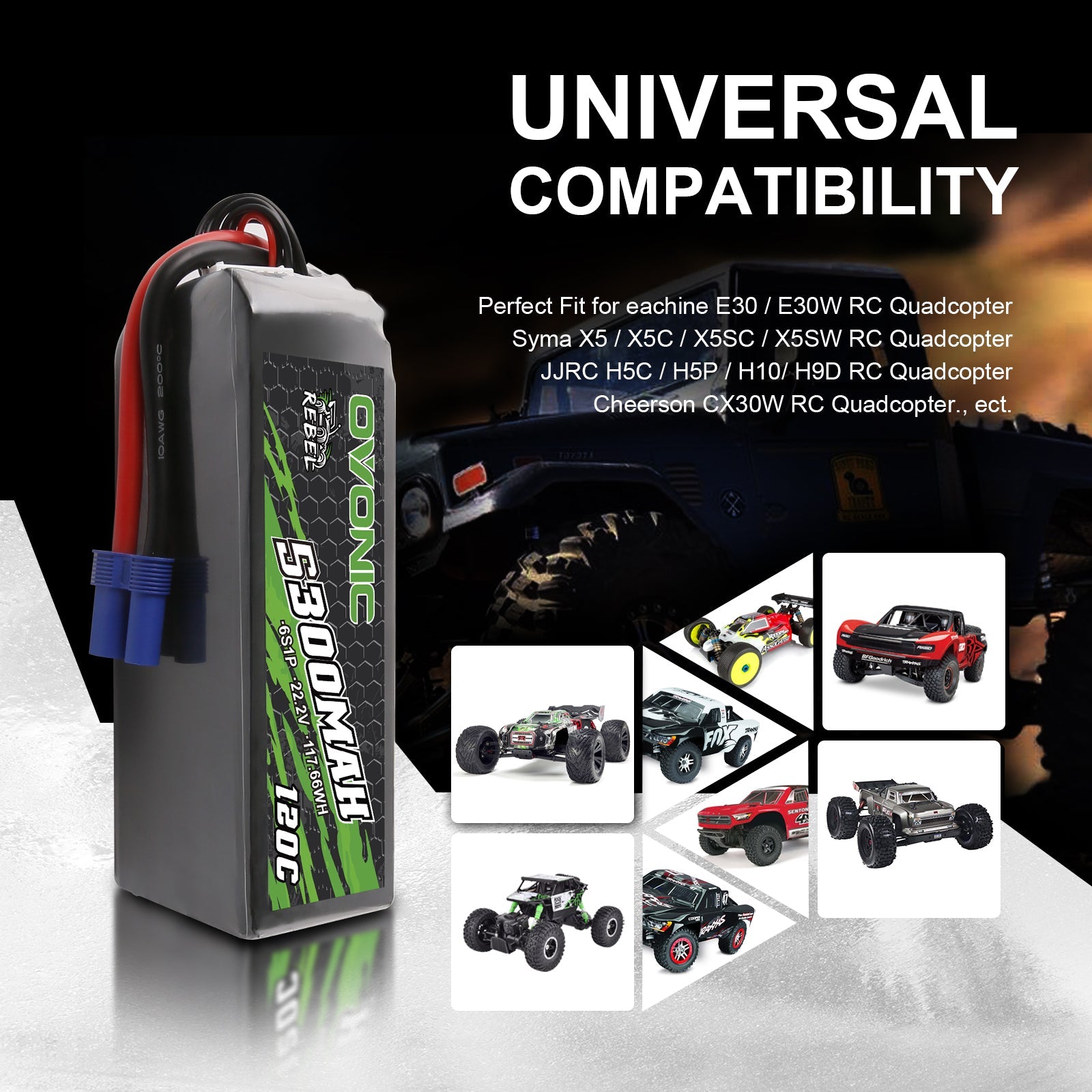 Ovonic Rebel 120C 6S 5300mAh 22.2V LiPo Battery with EC5 Plug for RC buggy