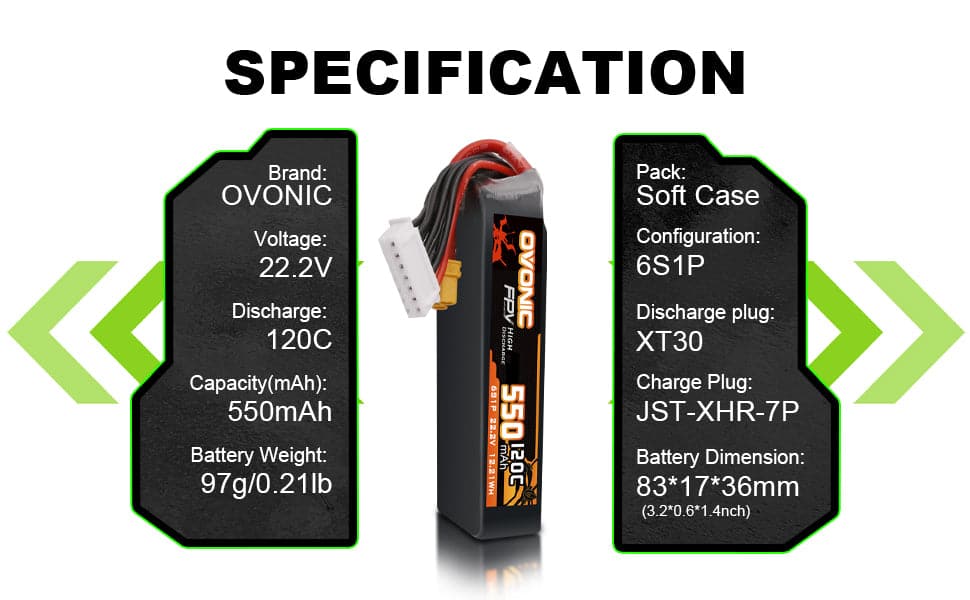 2×Ovonic 120C 6S 550mAh LiPo Battery 22.2V for fpv tinywhoop
