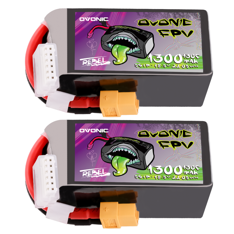 2×Ovonic Rebel 2.0 130C 5S 1300mah Lipo Battery 18.5V Pack with XT60 Plug for 5 to 6 inch FPV Drone
