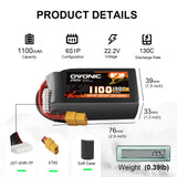 2x Ovonic 130C 6S 1100mah Lipo Battery 22.2V Pack with XT60 Plug for FPV drone