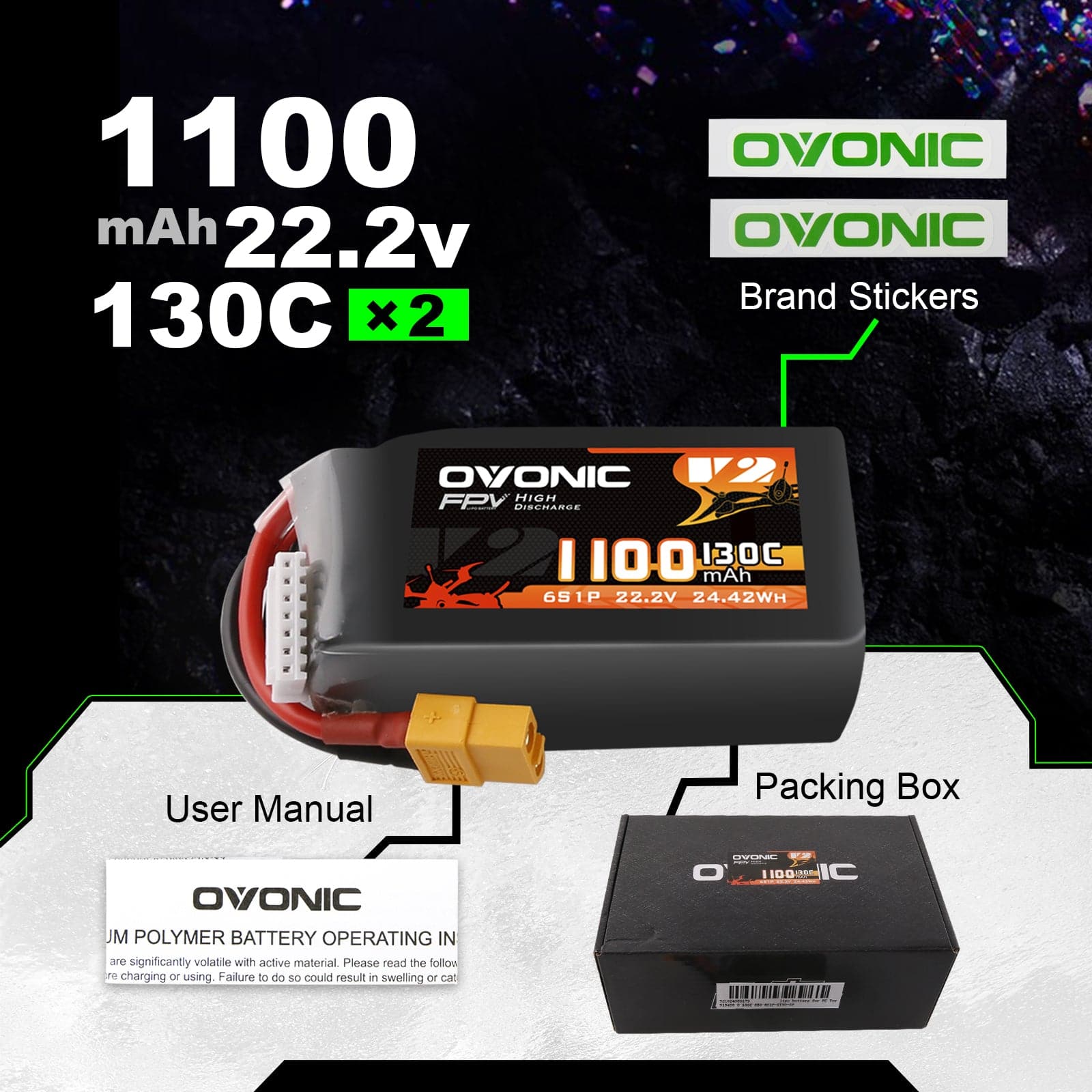 2x Ovonic 130C 6S 1100mah Lipo Battery 22.2V Pack with XT60 Plug for 5 inch fpv quad