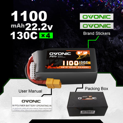 4x Ovonic 130C 6S 1100mah Lipo Battery 22.2V Pack with XT60 Plug for FPV Racing Drone Freestyle 5-6 inche Drone Long Range FPV Drone