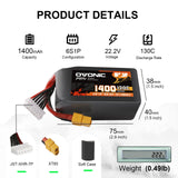 2x Ovonic 130C 6S 1400mah Lipo Battery 22.2V Pack with XT60 Plug for fpv racing