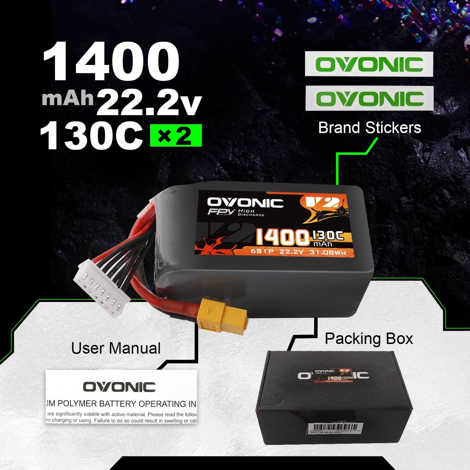 2x Ovonic 130C 6S 1400mah Lipo Battery 22.2V Pack with XT60 Plug for RC airplane