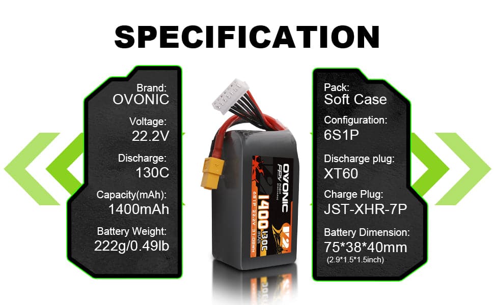 2x Ovonic 130C 6S 1400mah Lipo Battery 22.2V Pack with XT60 Plug for fpv quadcopters