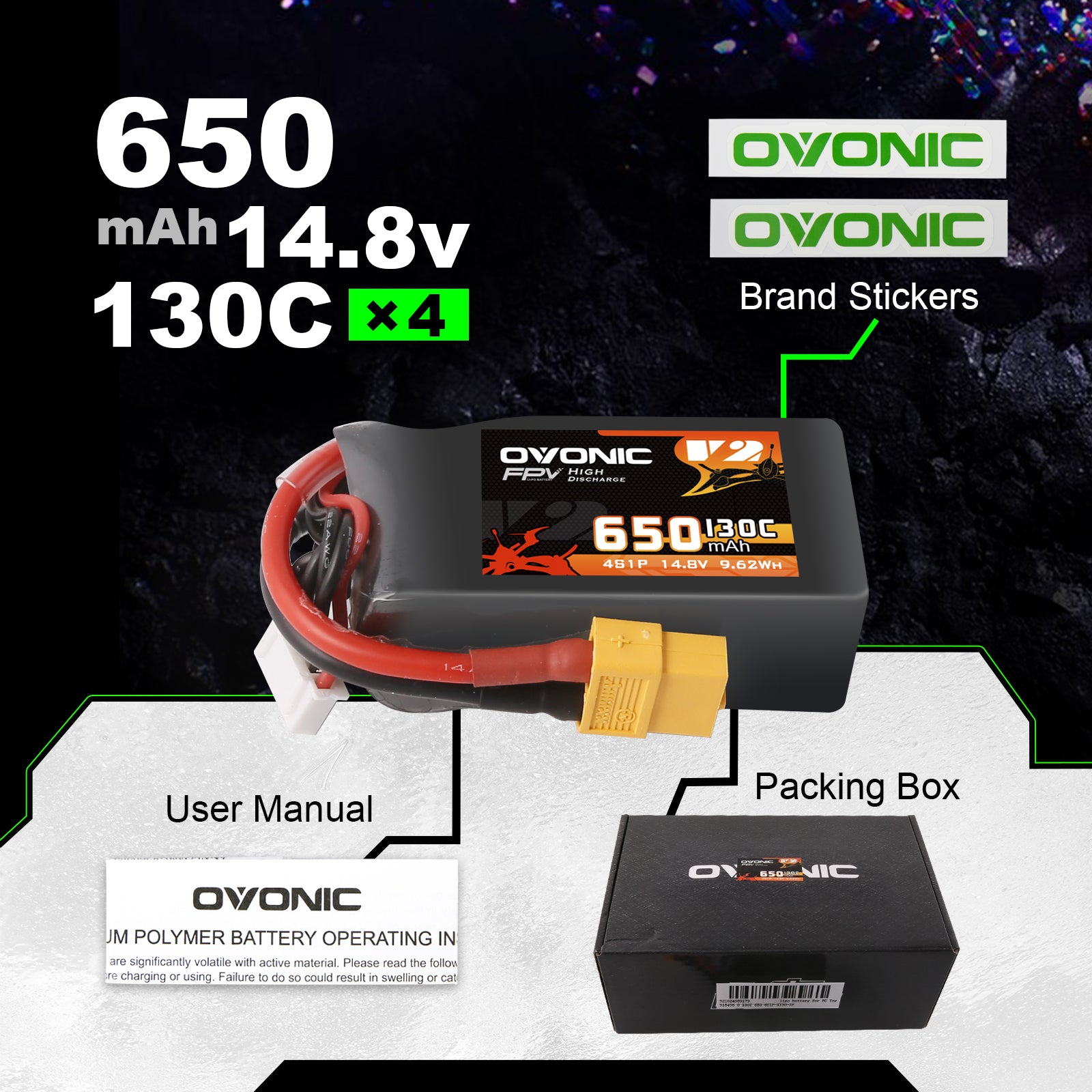 Ovonic 130C 650mAh 4S LiPo Battery 14.8V with XT60 Plug for fpv racing