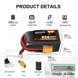 4x Ovonic 130C 4S 850mah Lipo Battery 14.8V Pack with XT60 Plug for FPV freestyle
