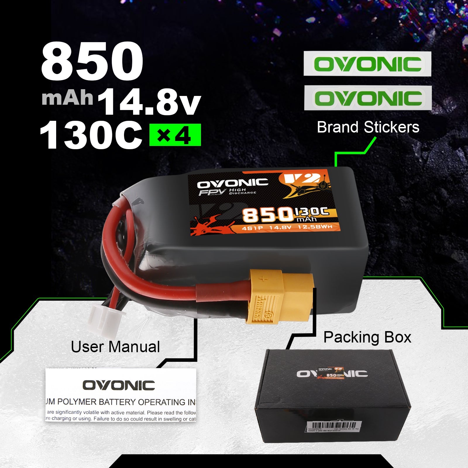4x Ovonic 130C 4S 850mah Lipo Battery 14.8V Pack with XT60 Plug for fpv fpv drone