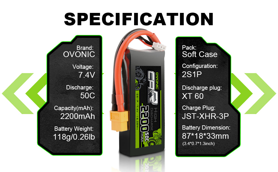 2×OVONIC 7.4V 2200mAh 2S1P 50C Lipo Battery with XT60 & Trx Plug for 1/16 1/18 TRA Cars