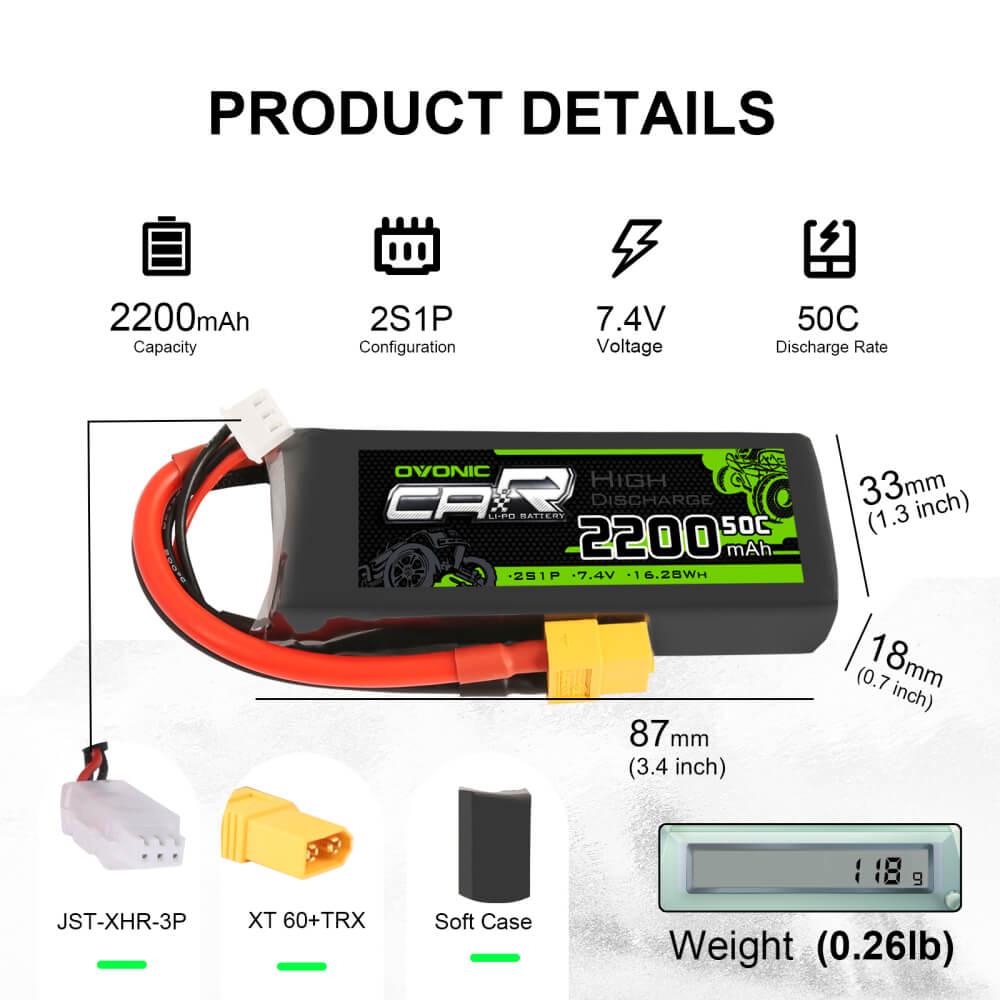 2×OVONIC 7.4V 2200mAh 2S1P 50C Lipo Battery with XT60 & Trx Plug for RC truck
