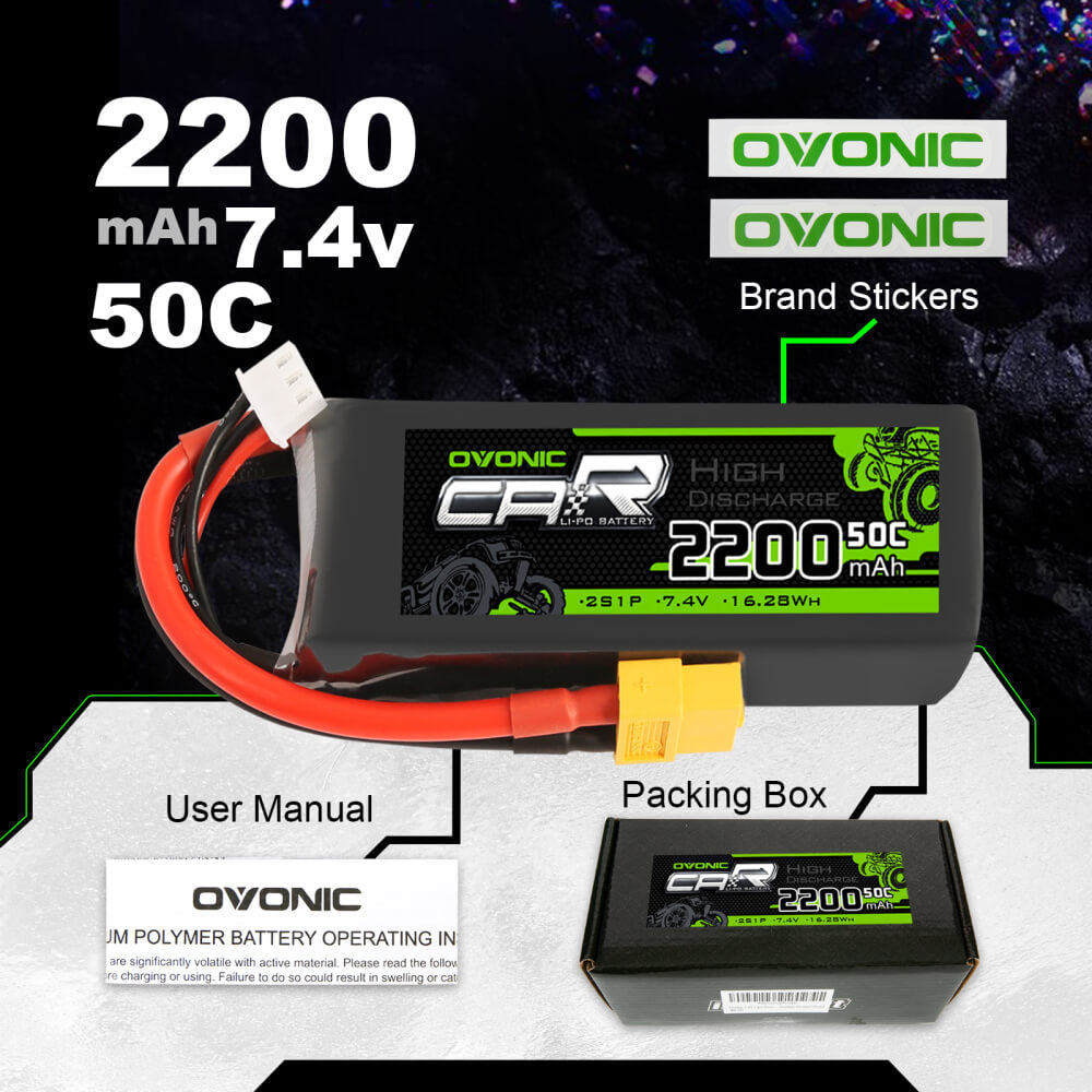 Ovonic 7.4V 2200mAh 2S1P 50C Lipo Battery with XT60 & Trx Plug for 1/16 1/18 Traxxas Cars