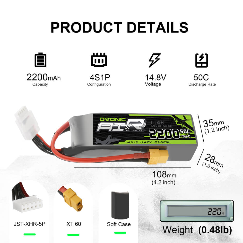 OVONIC 4S 2200mAh 14.8V 50C Lipo Battery with XT60 Plug for RC helicopters