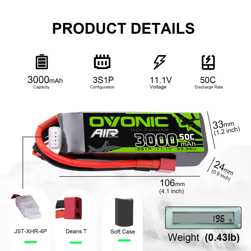 OVONIC 11.1V 3000mAh 3S 50C LiPo Battery Pack with Deans for RC aircraft