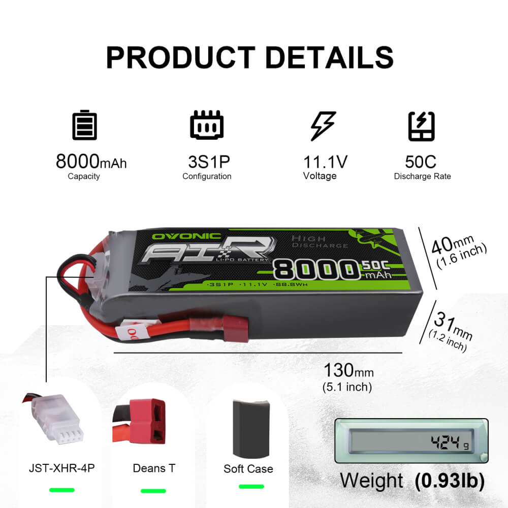 OVONIC 8000mAh 3S 11.1V 50C Lipo Battery with Deans/T Plug for RC airplane