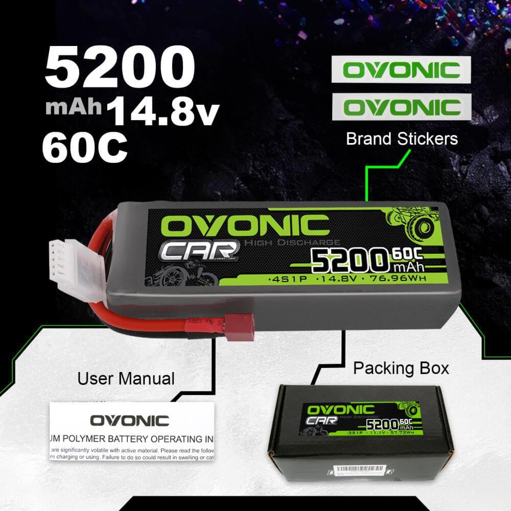 2x Ovonic 60C 4S1P 5200mAh 14.8V LiPo Battery for RC Car - XT60 Plug - Ampow