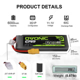 2x Ovonic 60C 3S1P 6000mAh 11.1V LiPo Battery for RC Car - XT90 Plug - Ampow