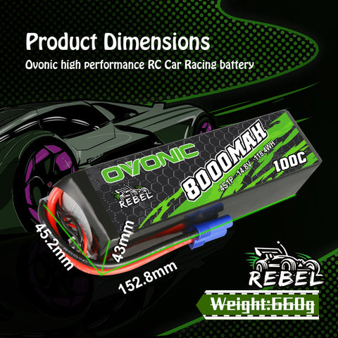 Ovonic Rebel 100C 14.8V 8000mAh 4S Lipo Battery EC5 For RC crawler