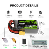 Ovonic 80C 11.1 v 3S 1300mAh Lipo Battery Pack with XT60 Plug for FPV